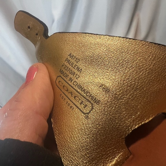 Coach Black and Brown Wedge Sandals with Patent Leather Strap - Picture 6 of 7